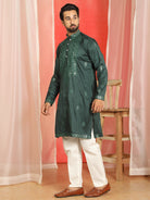 Men's Cotton Silk Mirror Work Embroidered Yoke Design Straight Kurta with Trouser Set - Green