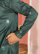 Men's Cotton Silk Mirror Work Embroidered Yoke Design Straight Kurta with Trouser Set - Green