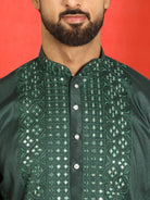 Men's Cotton Silk Mirror Work Embroidered Yoke Design Straight Kurta with Trouser Set - Green