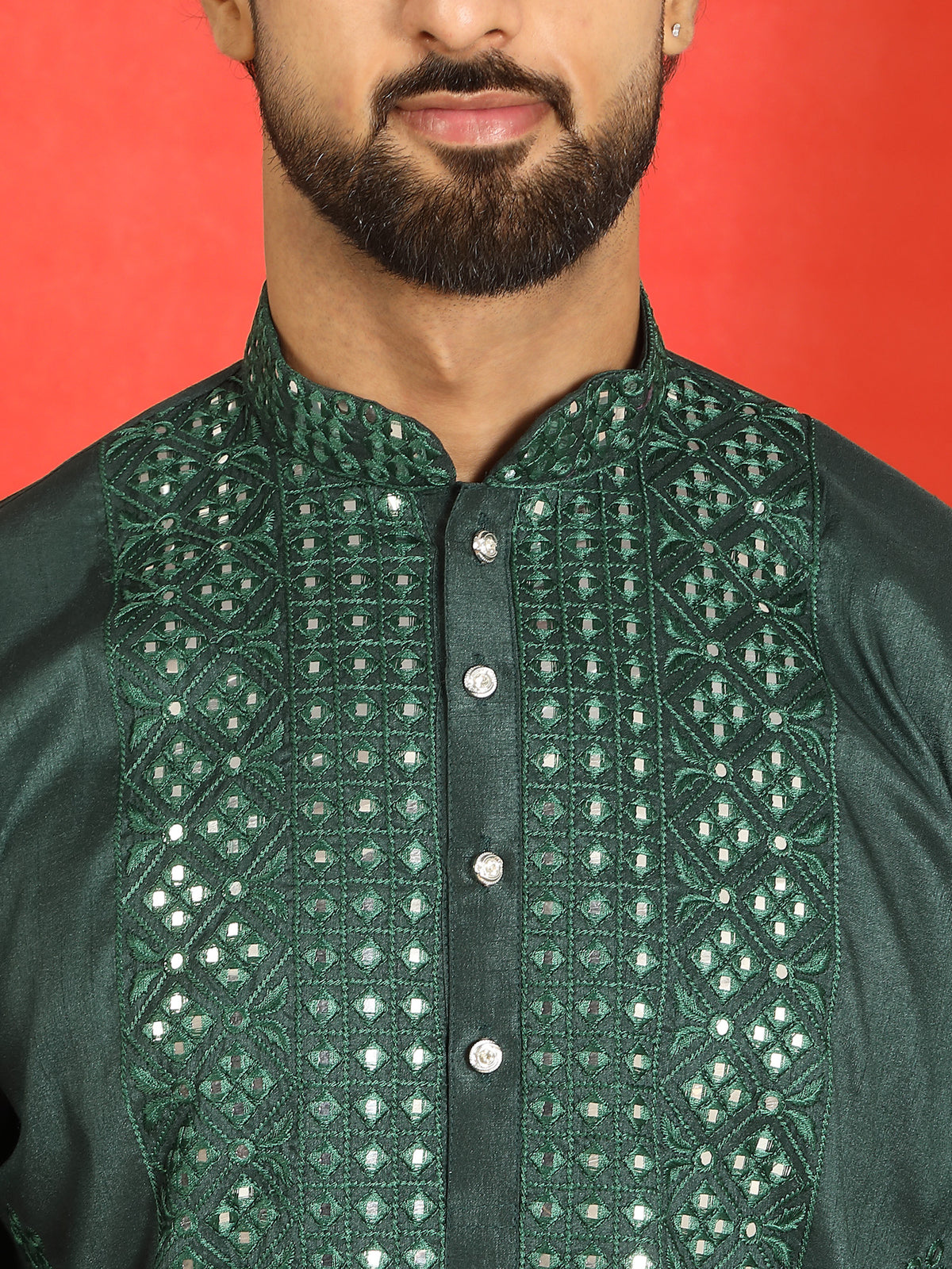 Men's Cotton Silk Mirror Work Embroidered Yoke Design Straight Kurta with Trouser Set - Green