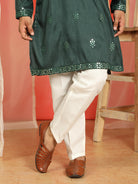 Men's Cotton Silk Mirror Work Embroidered Yoke Design Straight Kurta with Trouser Set - Green
