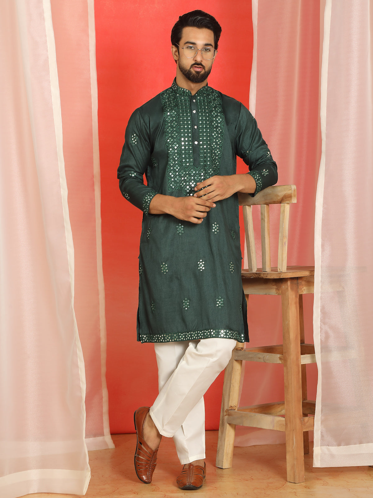 Men's Cotton Silk Mirror Work Embroidered Yoke Design Straight Kurta with Trouser Set - Green