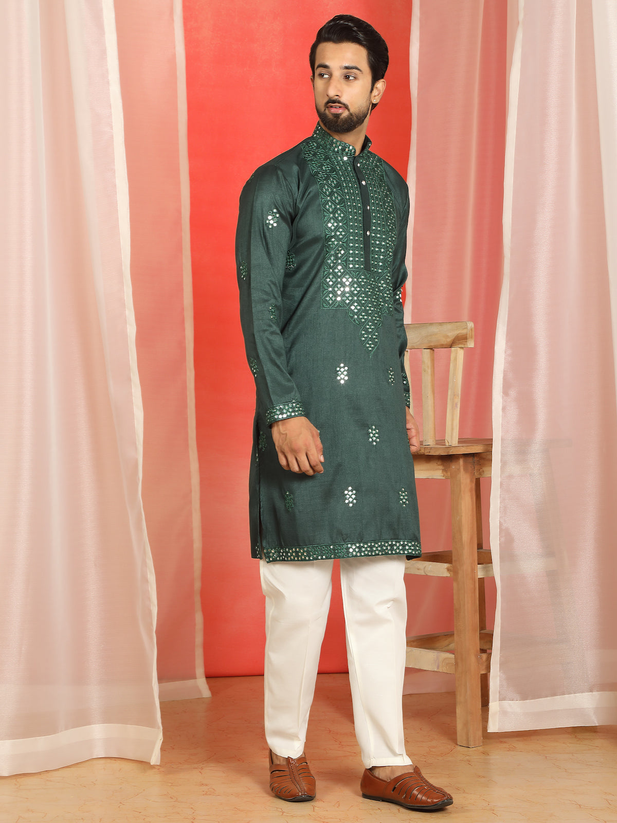 Men Cotton Silk Mirror Work Embroidered Yoke Design Kurta - Green