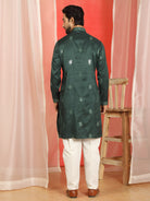 Men Cotton Silk Mirror Work Embroidered Yoke Design Kurta - Green