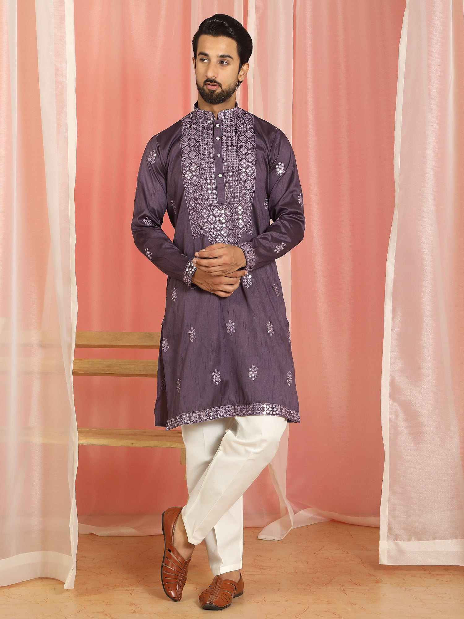 Men's Cotton Silk Mirror Work Embroidered Yoke Design Straight Kurta with Trouser Set - Purple