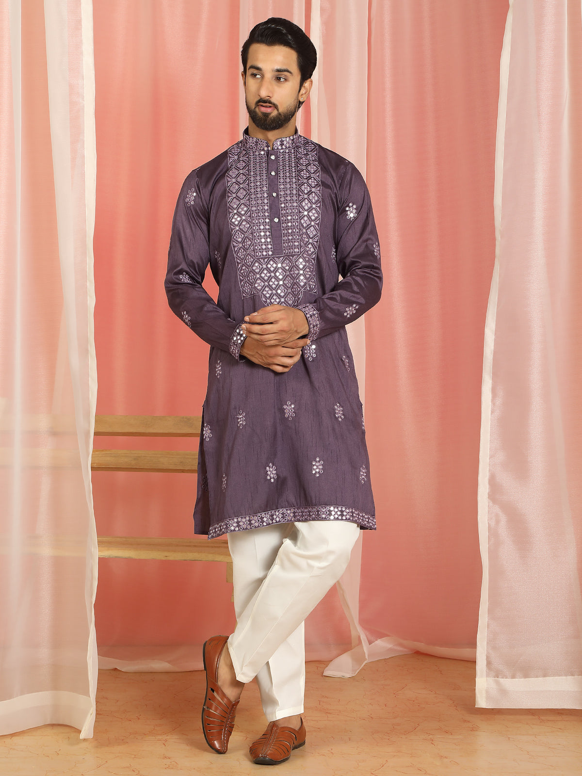 Men's Cotton Silk Mirror Work Embroidered Yoke Design Straight Kurta with Trouser Set - Purple