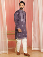 Men's Cotton Silk Mirror Work Embroidered Yoke Design Straight Kurta with Trouser Set - Purple