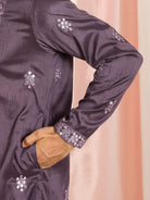 Men's Cotton Silk Mirror Work Embroidered Yoke Design Straight Kurta with Trouser Set - Purple