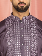 Men's Cotton Silk Mirror Work Embroidered Yoke Design Straight Kurta with Trouser Set - Purple