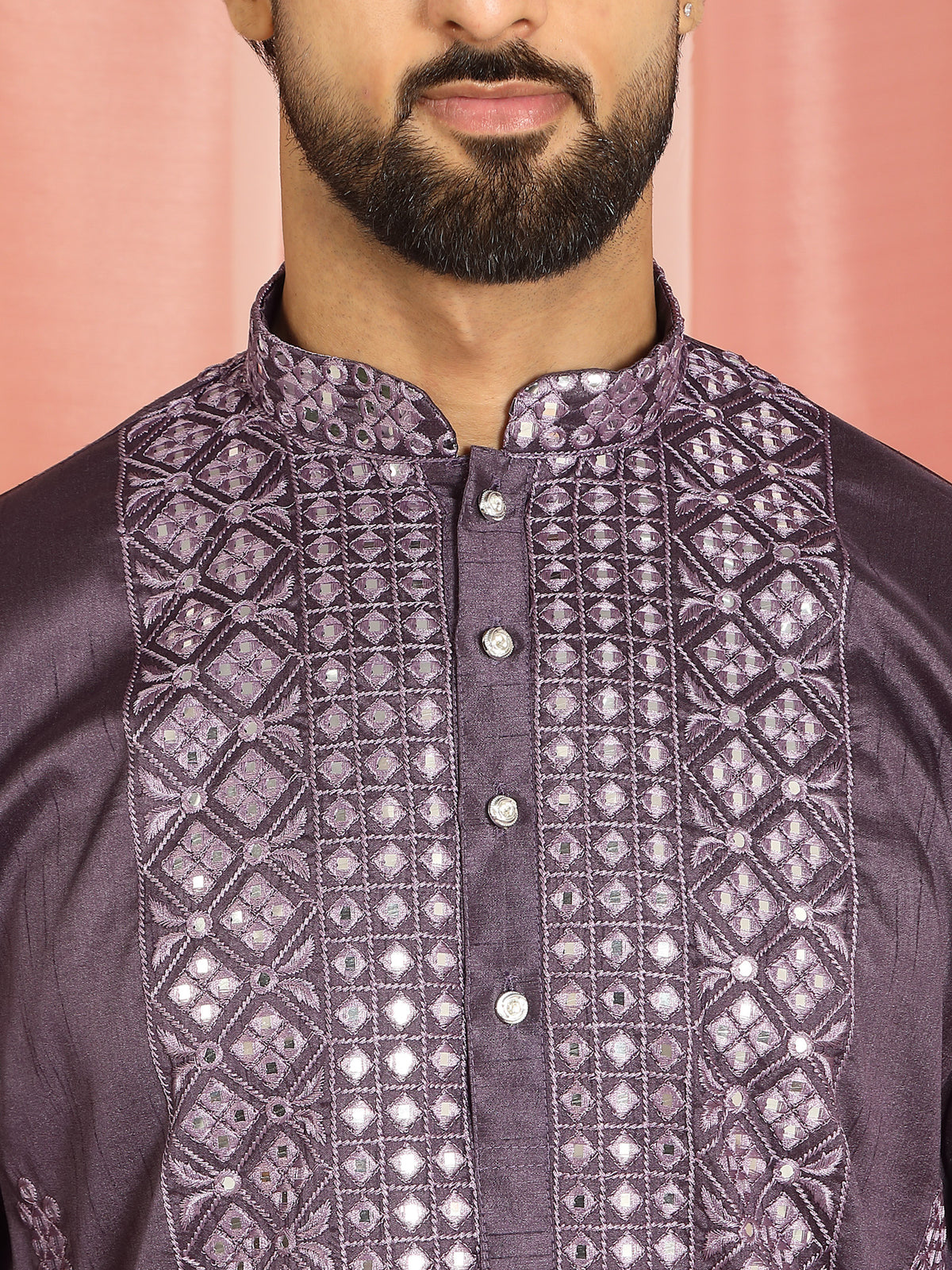 Men's Cotton Silk Mirror Work Embroidered Yoke Design Straight Kurta with Trouser Set - Purple
