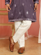 Men's Cotton Silk Mirror Work Embroidered Yoke Design Straight Kurta with Trouser Set - Purple