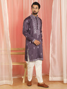 Men's Cotton Silk Mirror Work Embroidered Yoke Design Straight Kurta with Trouser Set - Purple
