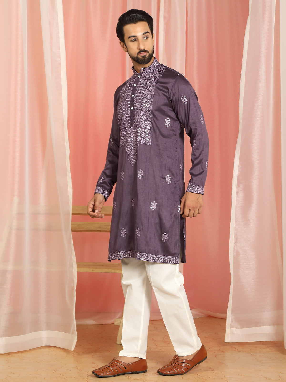 Men Cotton Silk Mirror Work Embroidered Yoke Design Kurta - Purple