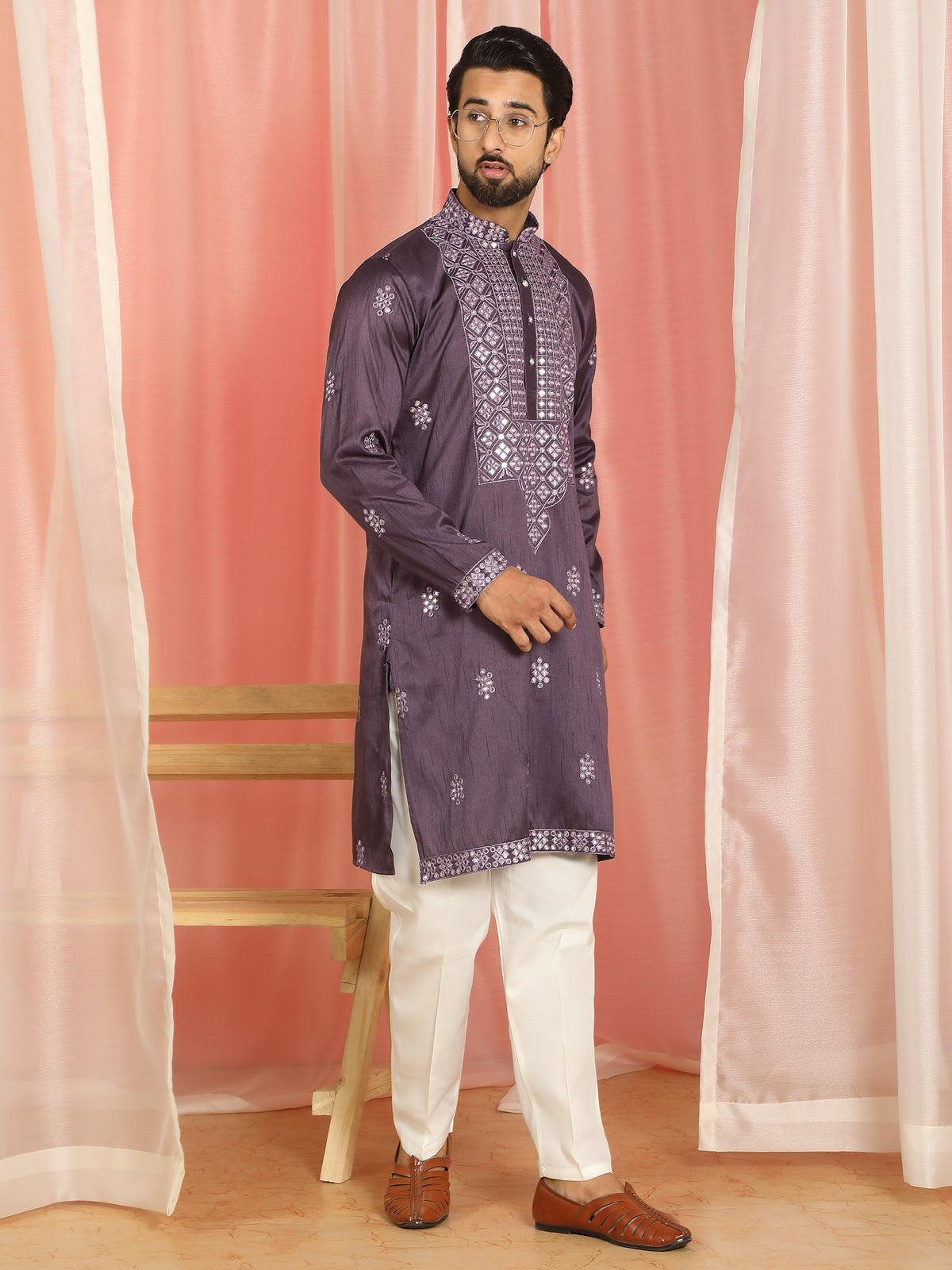Men Cotton Silk Mirror Work Embroidered Yoke Design Kurta - Purple