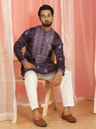 Men Cotton Silk Mirror Work Embroidered Yoke Design Kurta - Purple