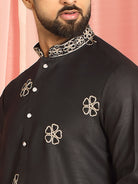 Men Cotton Floral Daman Embroidered Straight Kurta with Trouser Set - Black