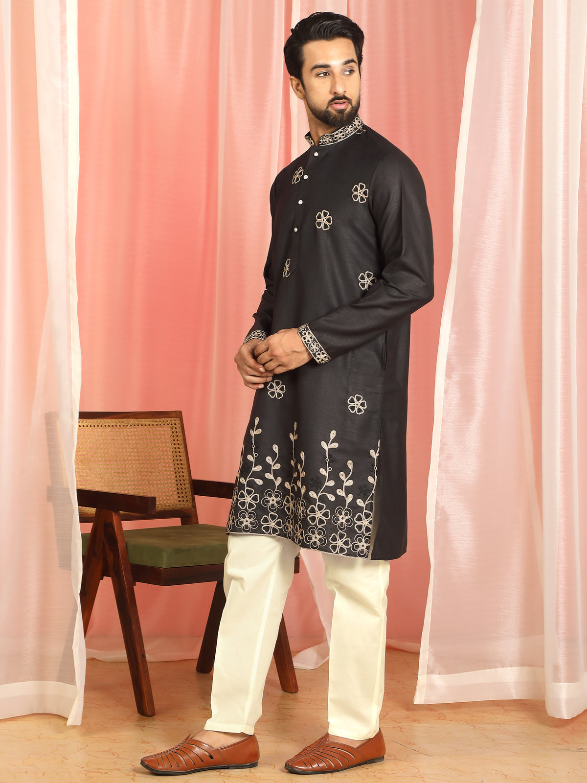 Men Cotton Floral Embroidered Festive Kurta - Black