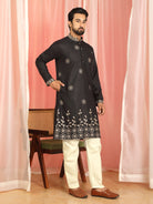 Men Cotton Floral Embroidered Festive Kurta - Black