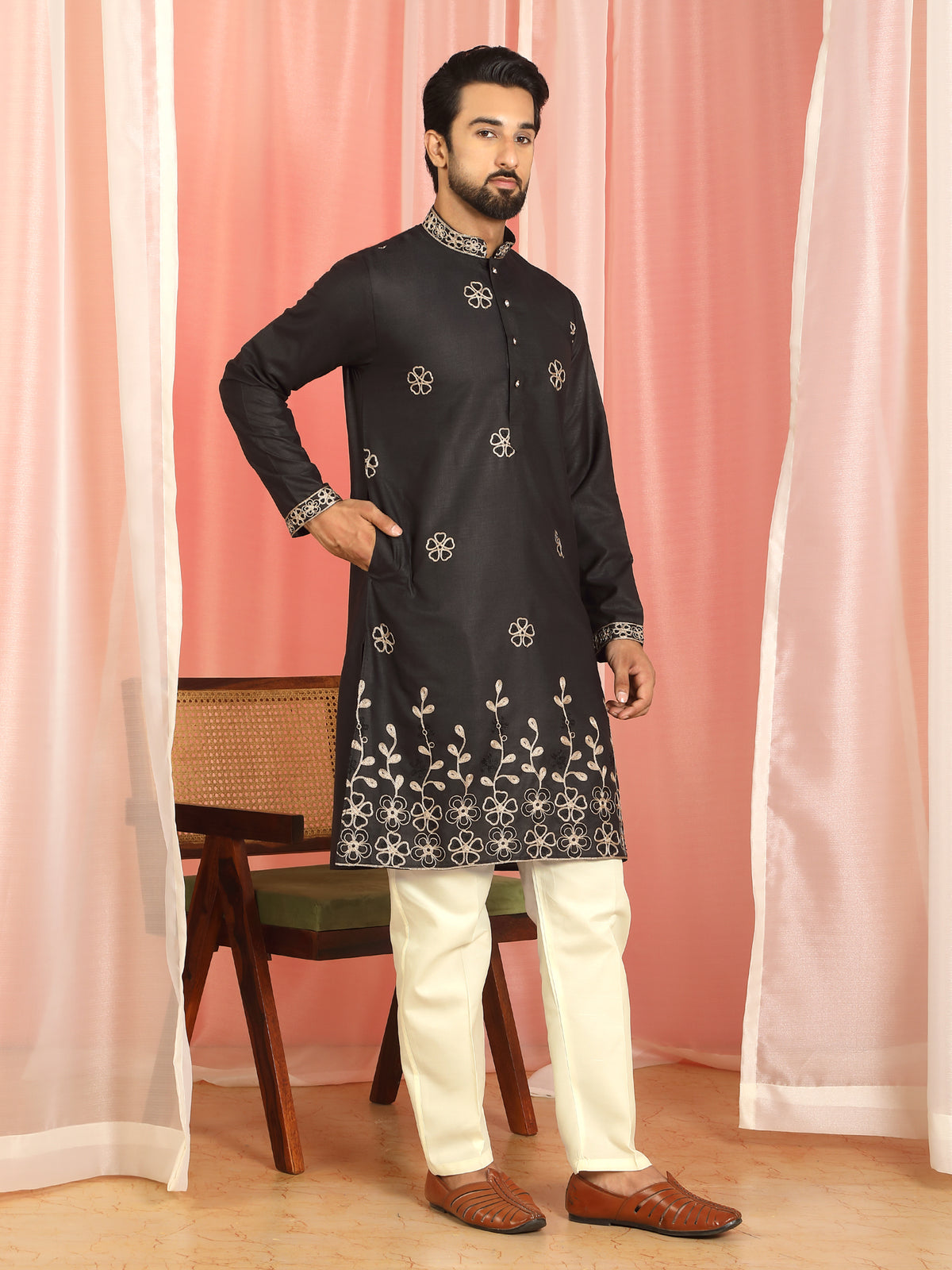 Men Cotton Floral Embroidered Festive Kurta - Black