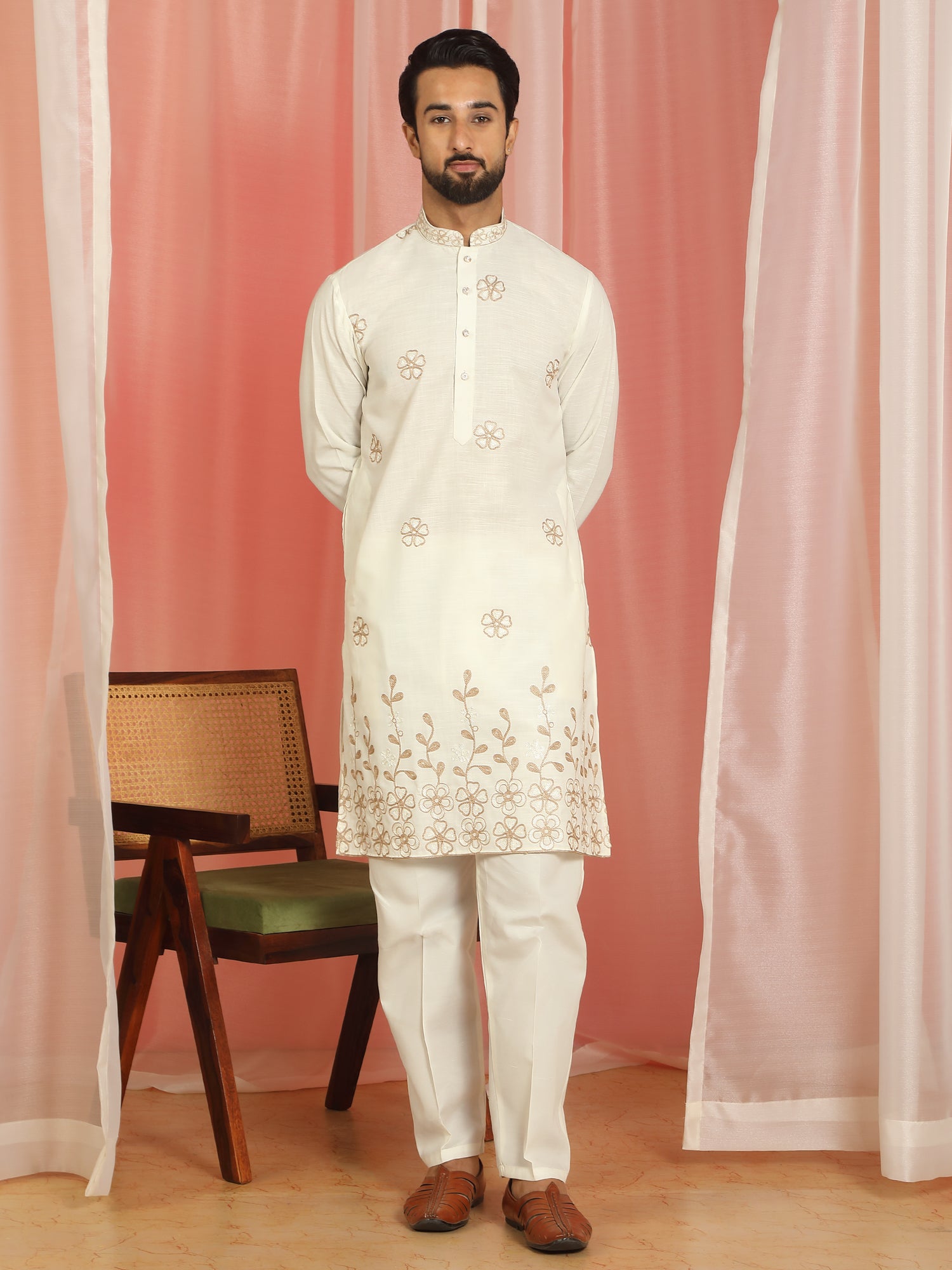 Men Cotton Floral Daman Embroidered Straight Kurta with Trouser Set - Cream