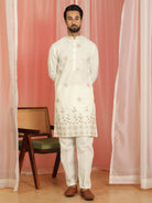 Men Cotton Floral Daman Embroidered Straight Kurta with Trouser Set - Cream