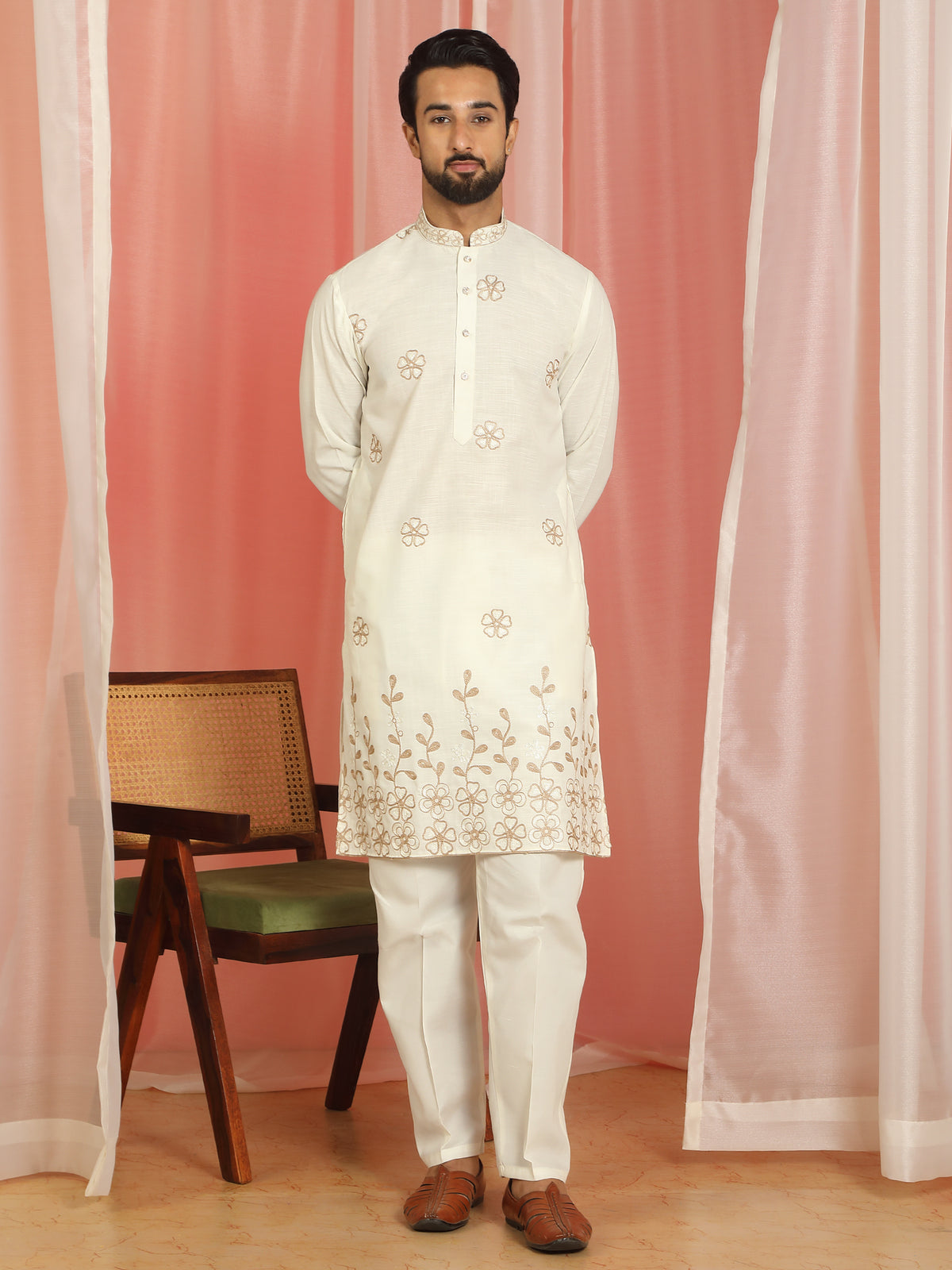 Men Cotton Floral Daman Embroidered Straight Kurta with Trouser Set - Cream
