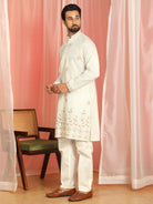 Men Cotton Floral Daman Embroidered Straight Kurta with Trouser Set - Cream