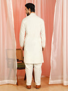 Men Cotton Floral Daman Embroidered Straight Kurta with Trouser Set - Cream