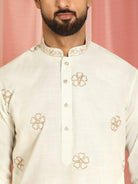 Men Cotton Floral Daman Embroidered Straight Kurta with Trouser Set - Cream