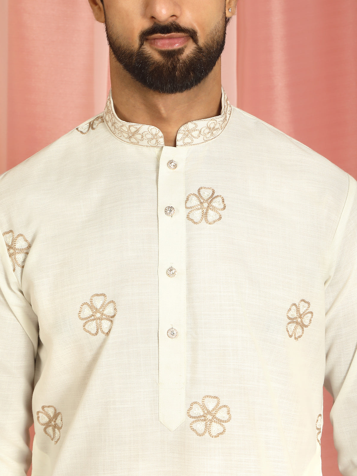 Men Cotton Floral Daman Embroidered Straight Kurta with Trouser Set - Cream