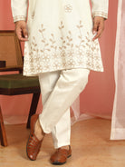 Men Cotton Floral Daman Embroidered Straight Kurta with Trouser Set - Cream