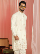 Men Cotton Floral Daman Embroidered Straight Kurta with Trouser Set - Cream