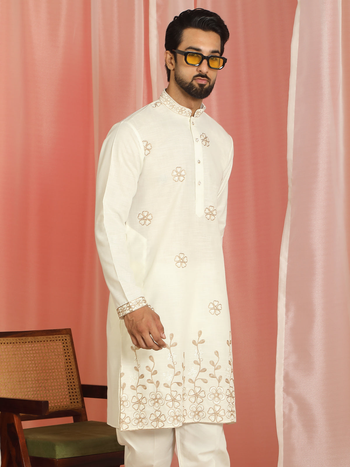 Men Cotton Floral Daman Embroidered Straight Kurta with Trouser Set - Cream