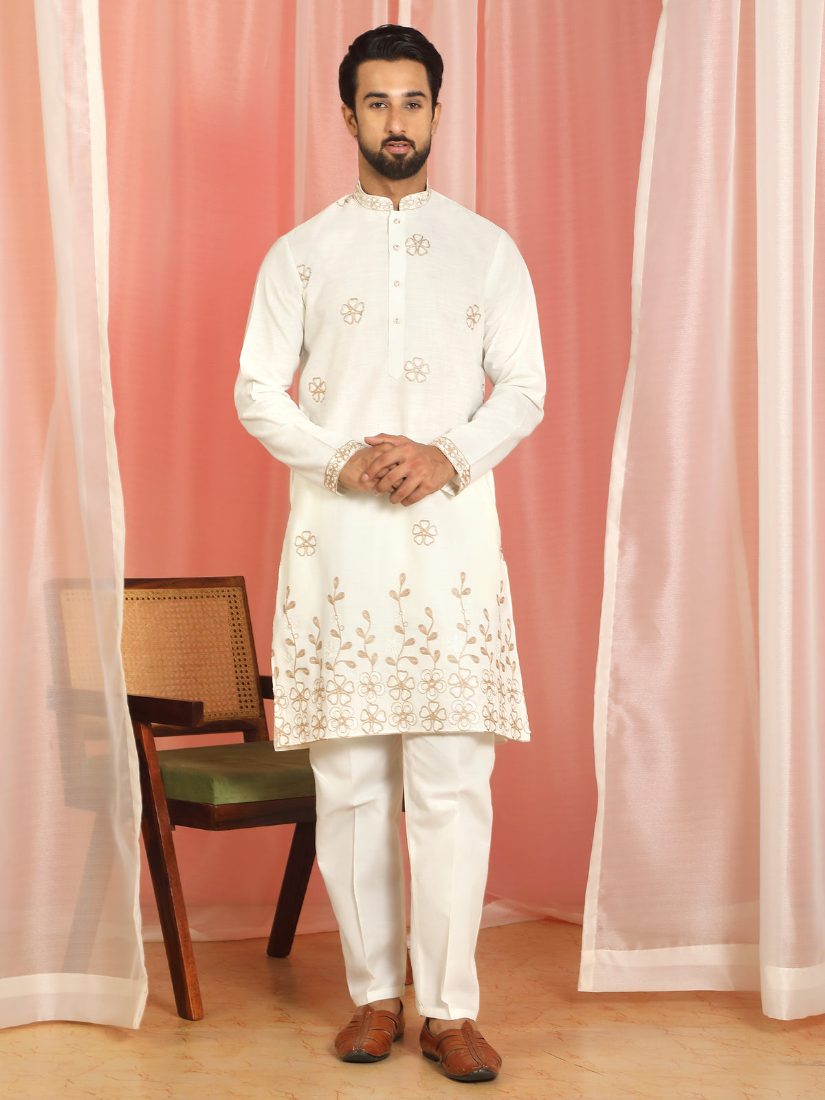 Men Cotton Floral Embroidered Festive Kurta - Cream