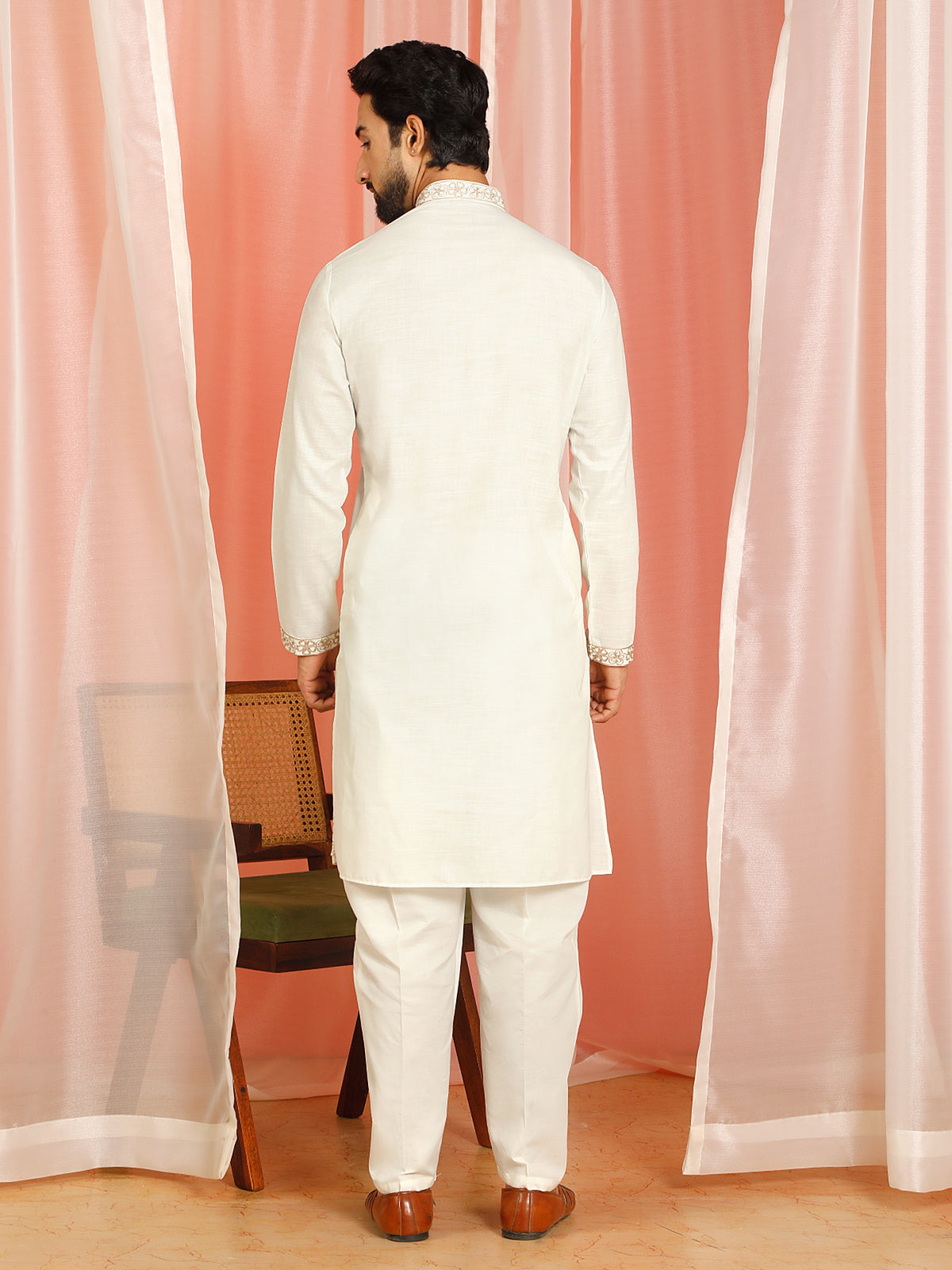 Men Cotton Floral Embroidered Festive Kurta - Cream