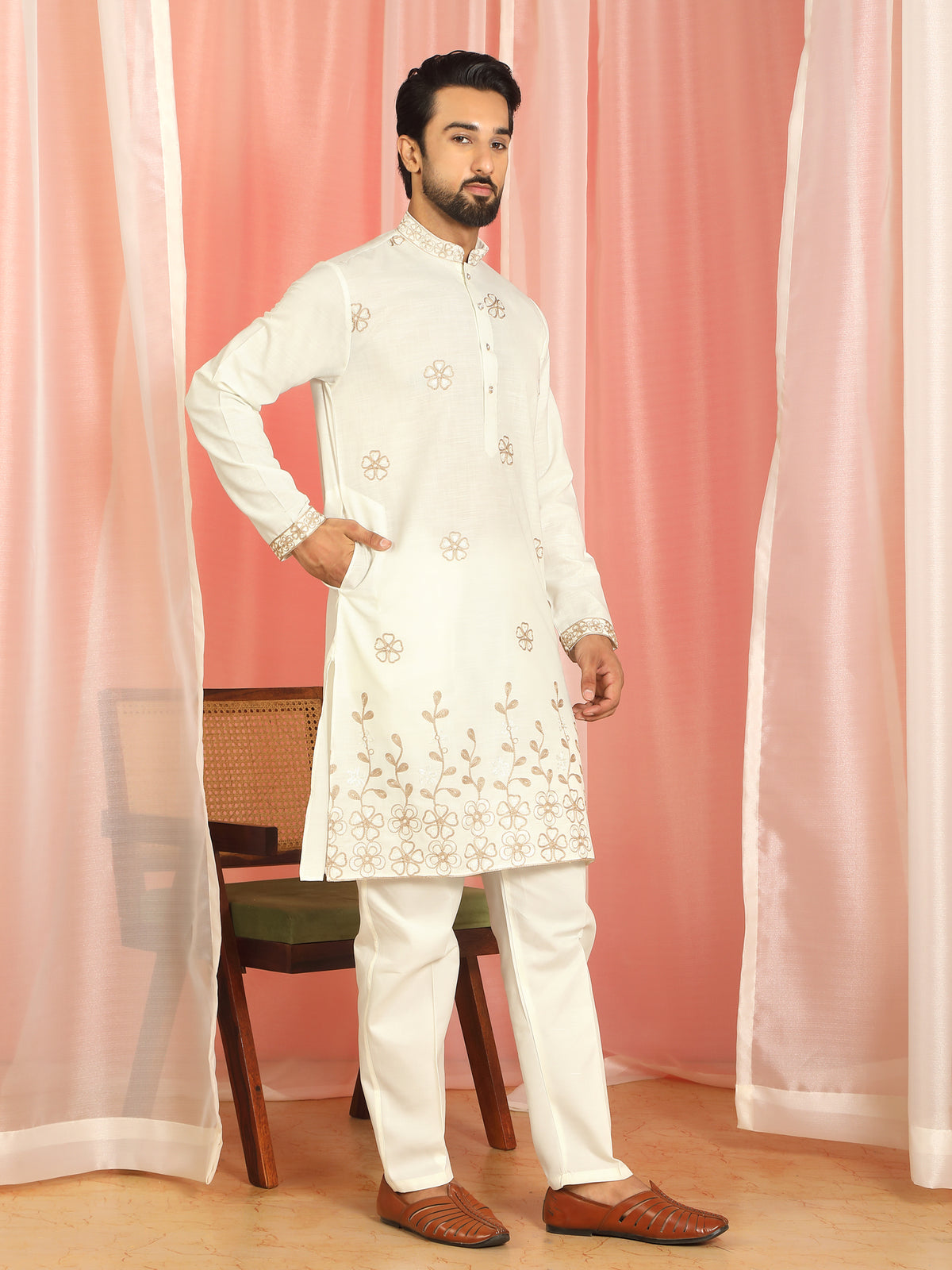 Men Cotton Floral Embroidered Festive Kurta - Cream