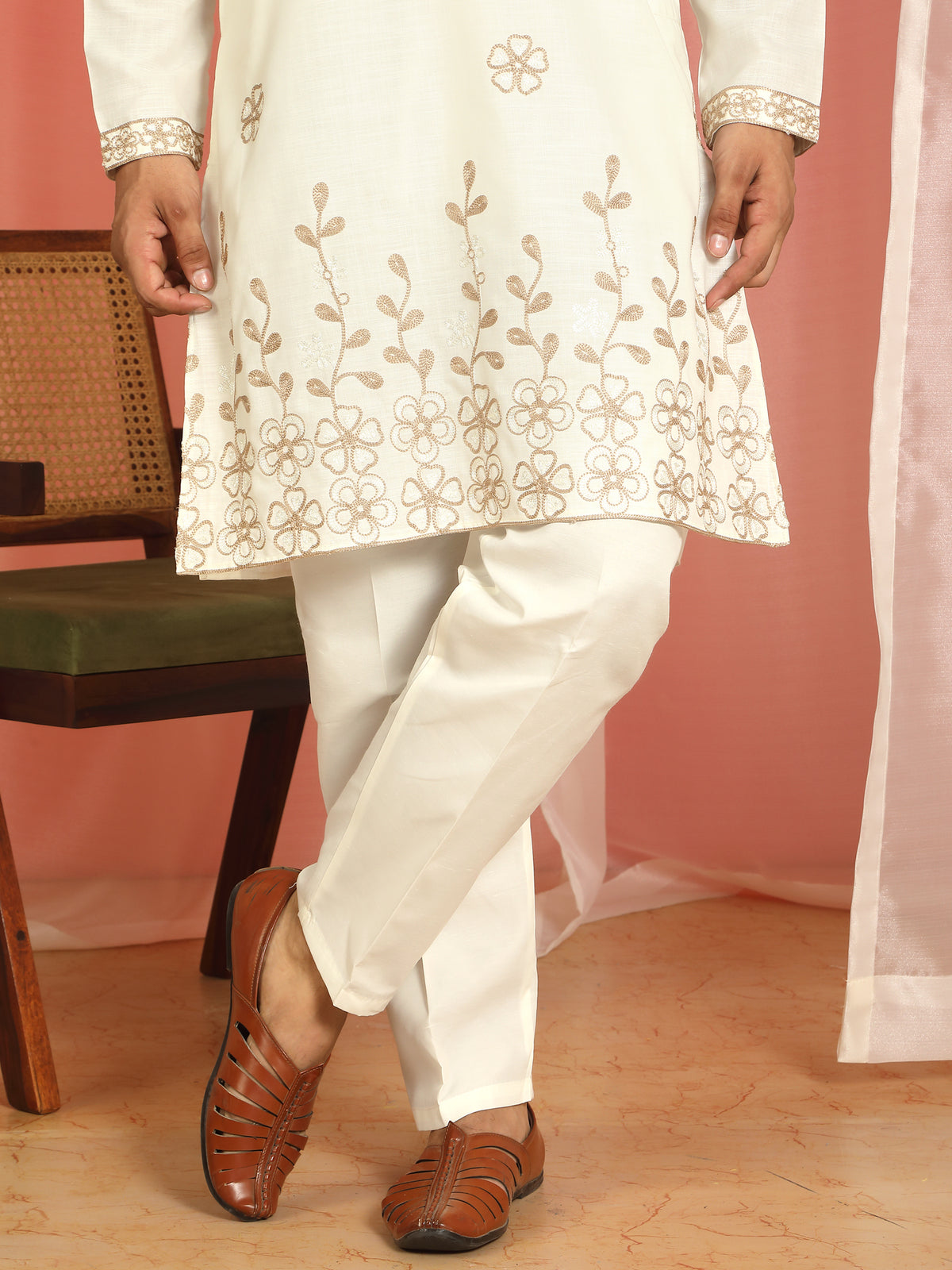 Men Cotton Floral Embroidered Festive Kurta - Cream