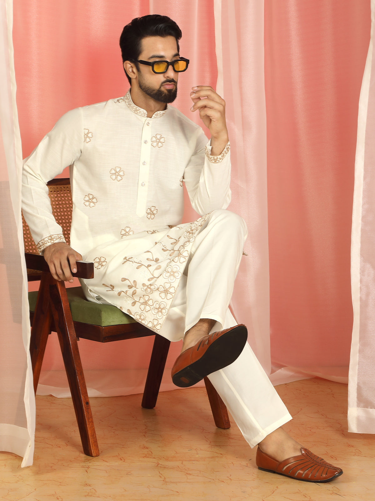 Men Cotton Floral Embroidered Festive Kurta - Cream