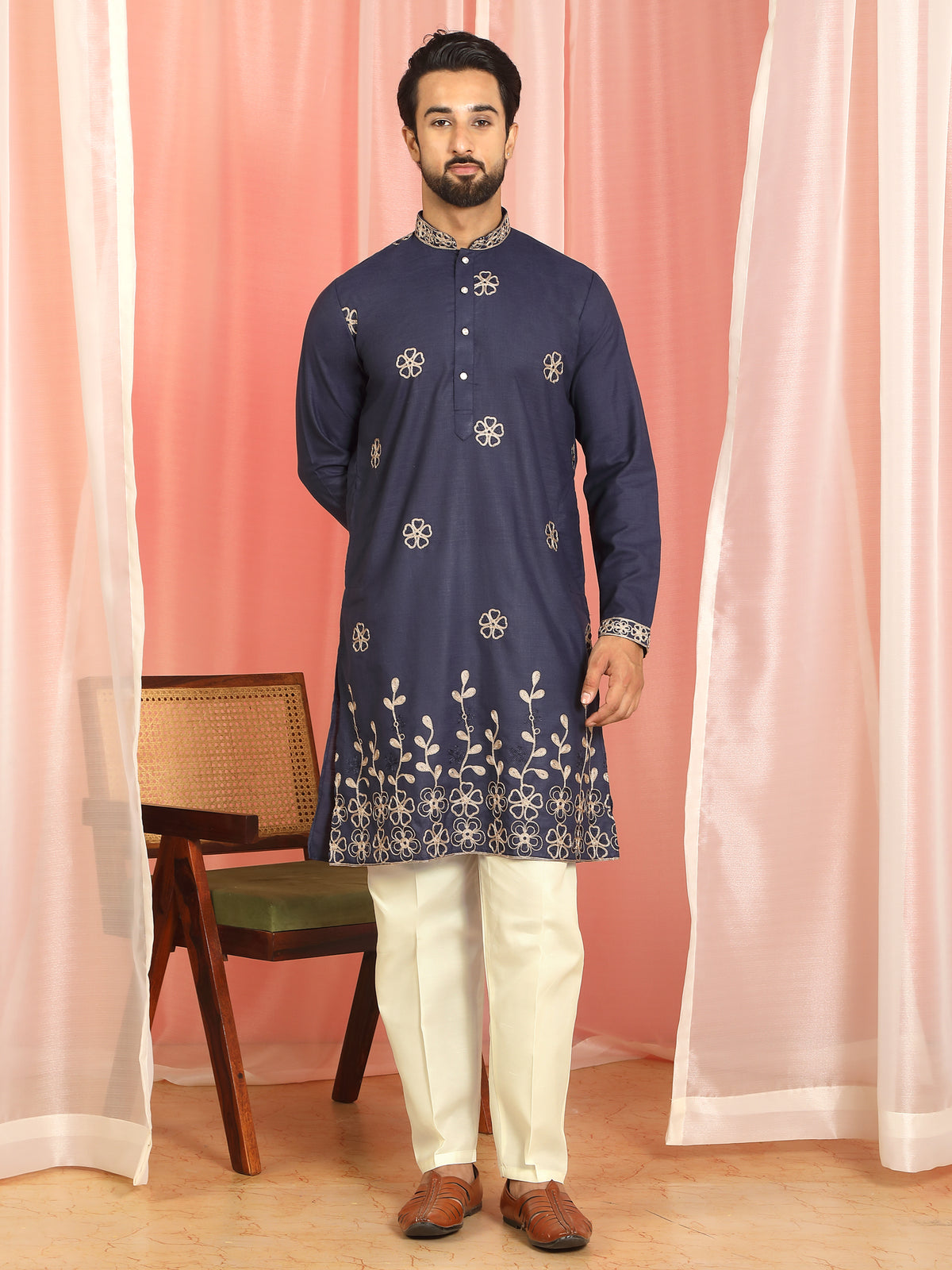 Men Cotton Floral Daman Embroidered Straight Kurta with Trouser Set - Navy Blue