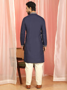 Men Cotton Floral Daman Embroidered Straight Kurta with Trouser Set - Navy Blue