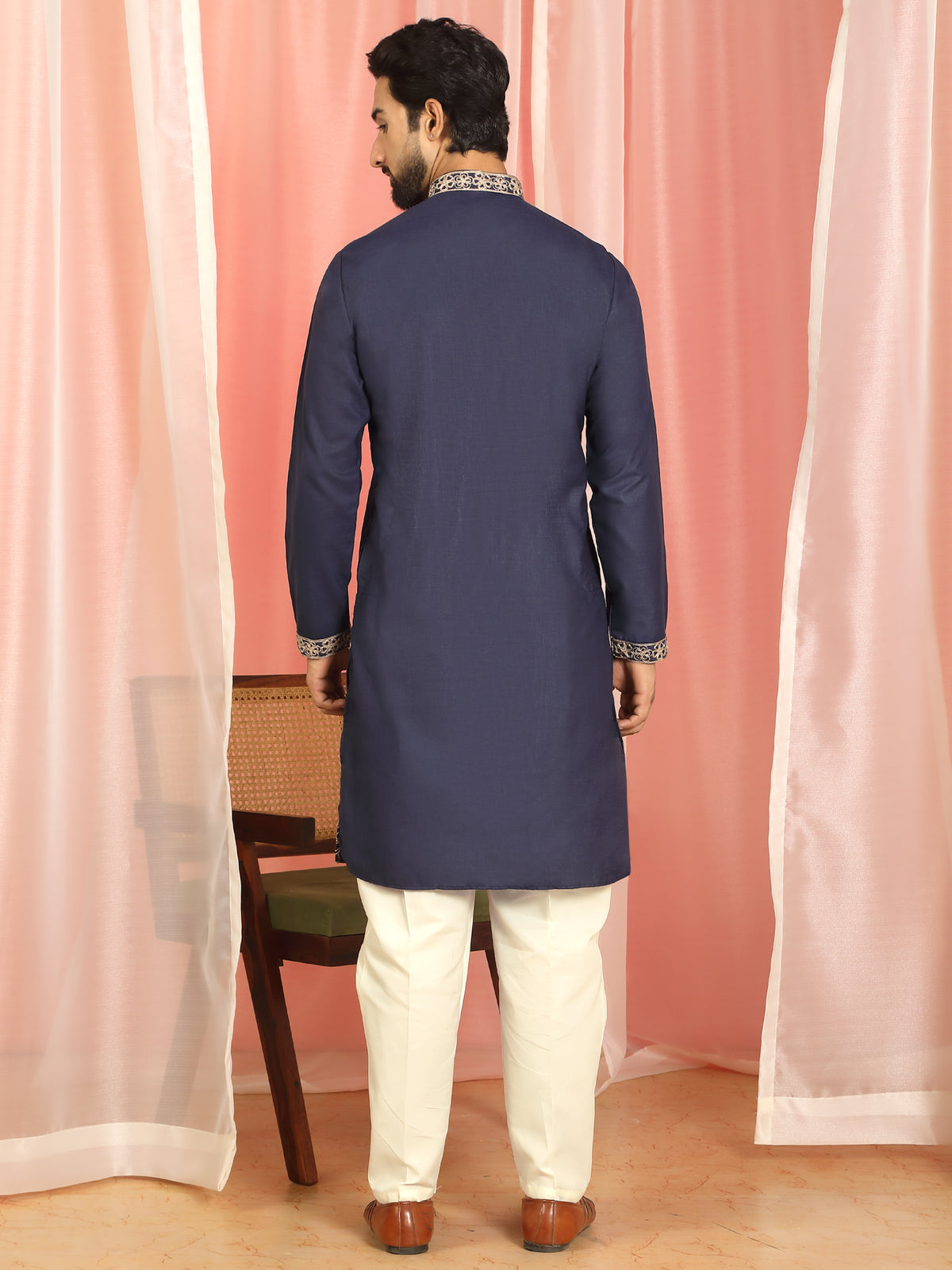 Men Cotton Floral Daman Embroidered Straight Kurta with Trouser Set - Navy Blue