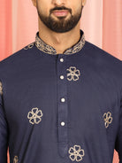 Men Cotton Floral Daman Embroidered Straight Kurta with Trouser Set - Navy Blue