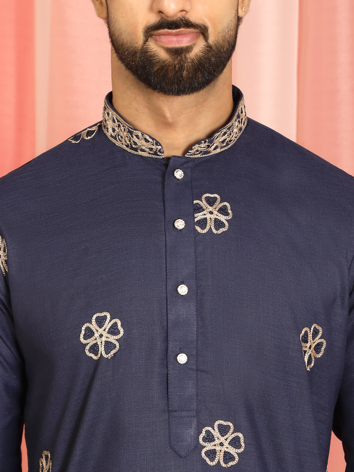Men Cotton Floral Daman Embroidered Straight Kurta with Trouser Set - Navy Blue