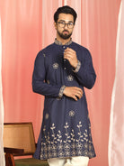 Men Cotton Floral Daman Embroidered Straight Kurta with Trouser Set - Navy Blue