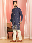 Men Cotton Floral Embroidered Festive Kurta - Navy Blue