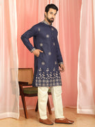 Men Cotton Floral Embroidered Festive Kurta - Navy Blue