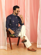 Men Cotton Floral Embroidered Festive Kurta - Navy Blue