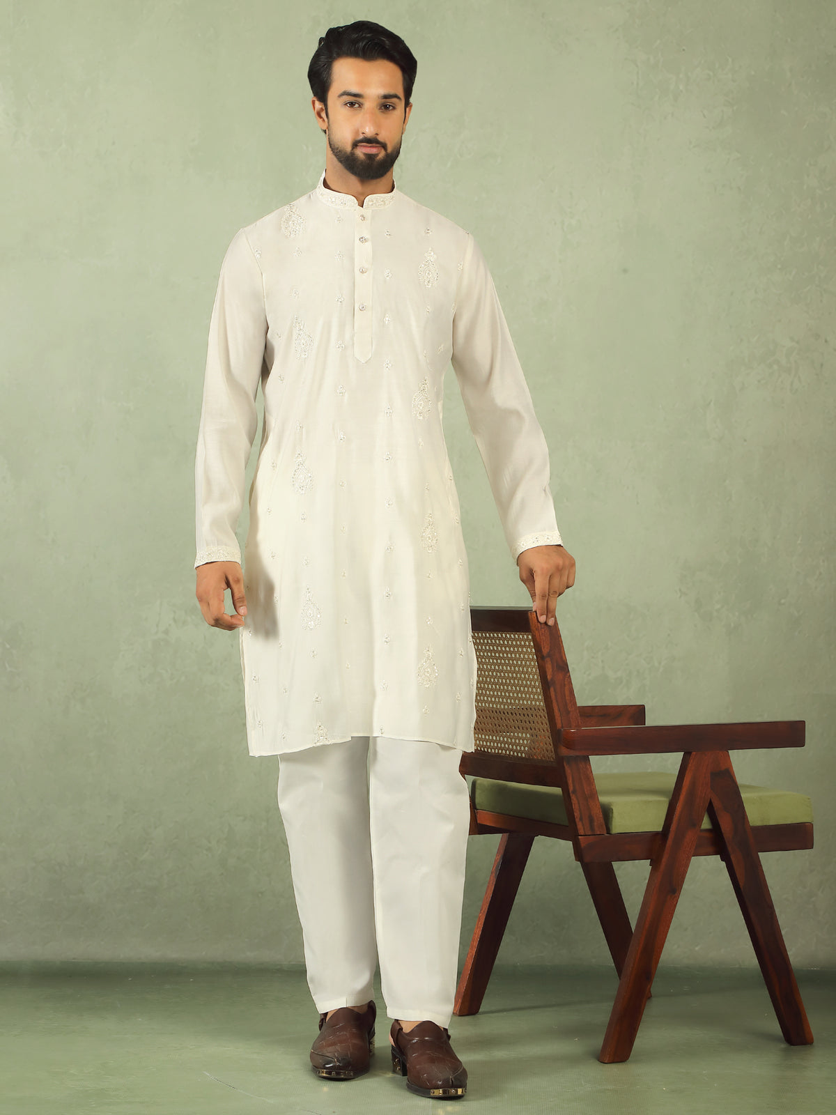 Men's Cotton Silk Traditional Mirror Work Embroidered Straight Kurta with Trouser Set - Cream