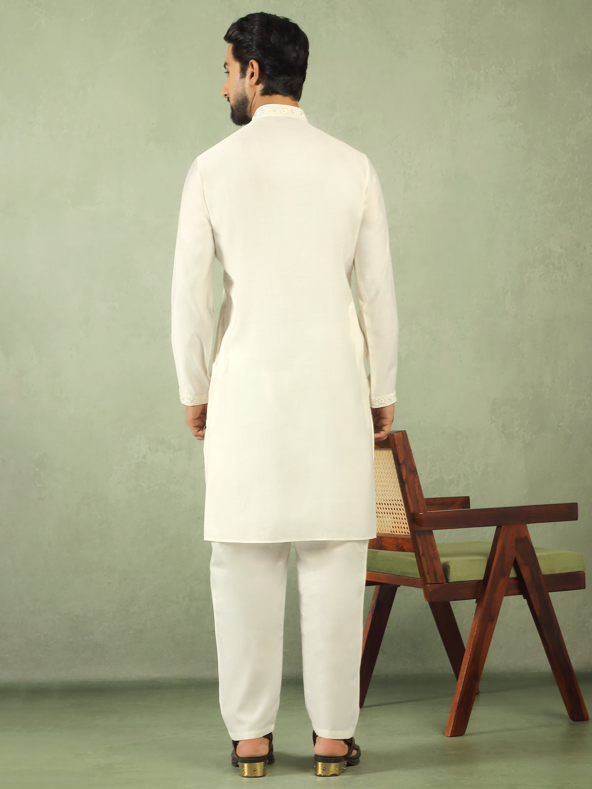 Men's Cotton Silk Traditional Mirror Work Embroidered Straight Kurta with Trouser Set - Cream