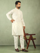 Men's Cotton Silk Traditional Mirror Work Embroidered Straight Kurta with Trouser Set - Cream